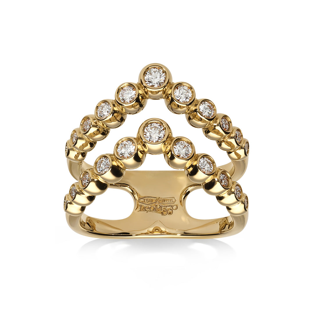The Leo Pizzo Bubble Collection 18K Yellow Gold Diamond Fashion Ring features an open design with two curved rows of bezel-set natural diamonds. These parallel rows create a striking triangular shape, while the inside of the band is elegantly engraved.