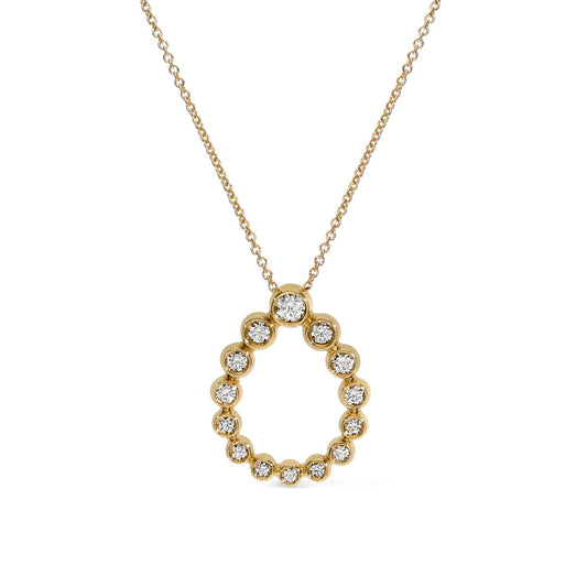 The Leo Pizzo Bubble Collection 18K Yellow Gold Diamond Necklace Pendant features a delicate chain and open teardrop pendant adorned with natural diamonds.