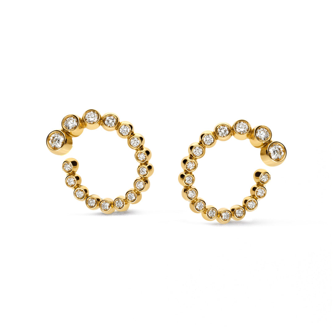 Leo Pizzo Bubble Collection earrings feature 18K yellow gold circular hoops with small round diamonds along the curved design. Each forms an incomplete loop, offering a modern, elegant look against a plain white background.