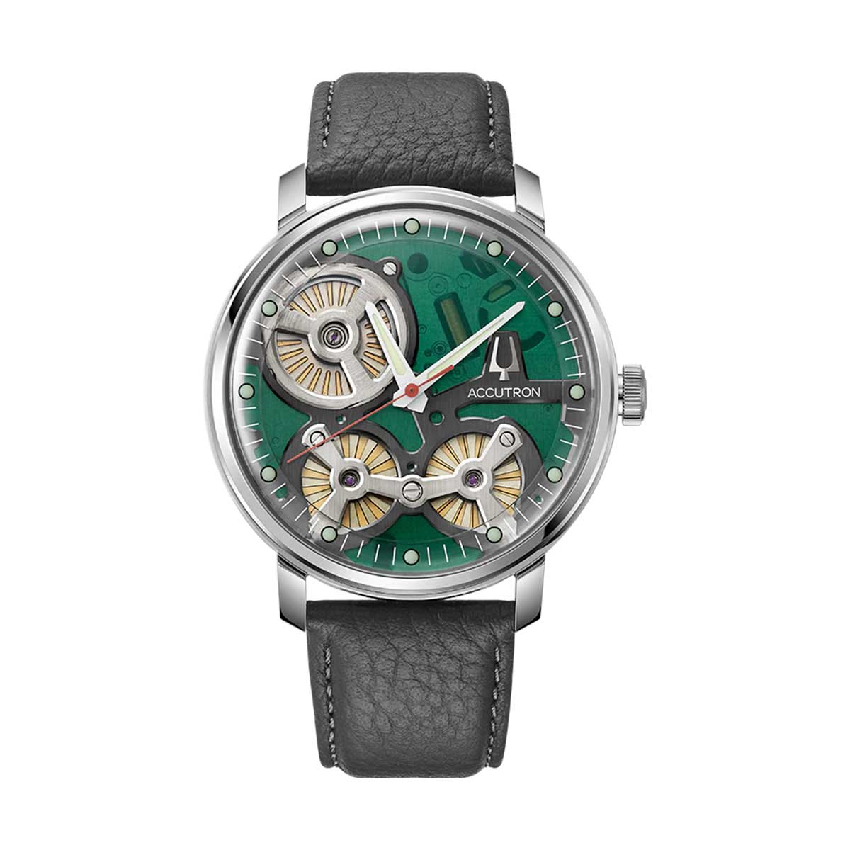 Discover the luxurious Accutron Spaceview 2020 Electrostatic 43.5mm Watch, an elegant timepiece featuring a green and silver dial that reveals its intricate gears. It boasts a black leather strap and silver watch hands accented by a bold red second hand, with the prestigious Accutron name displayed on the dial. Enjoy unparalleled precision with its cutting-edge electrostatic movement.