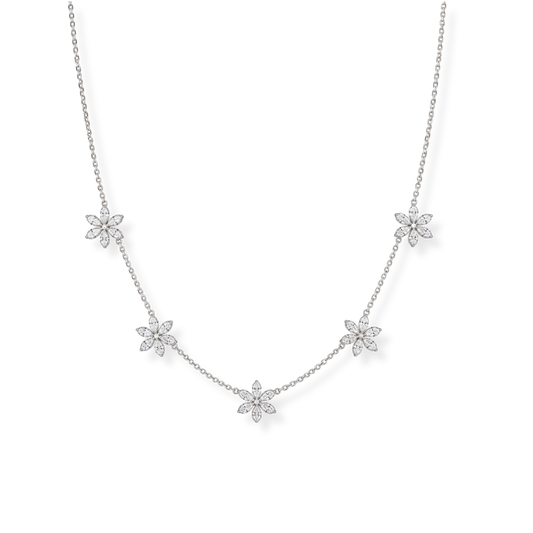 The Raffi&Co.® 18K White Gold Diamond Station Necklace features five evenly spaced flower-shaped pendants, each adorned with sparkling SI-VS G/H round diamonds totaling 1.26 CTW, elegantly displayed on a plain white background.