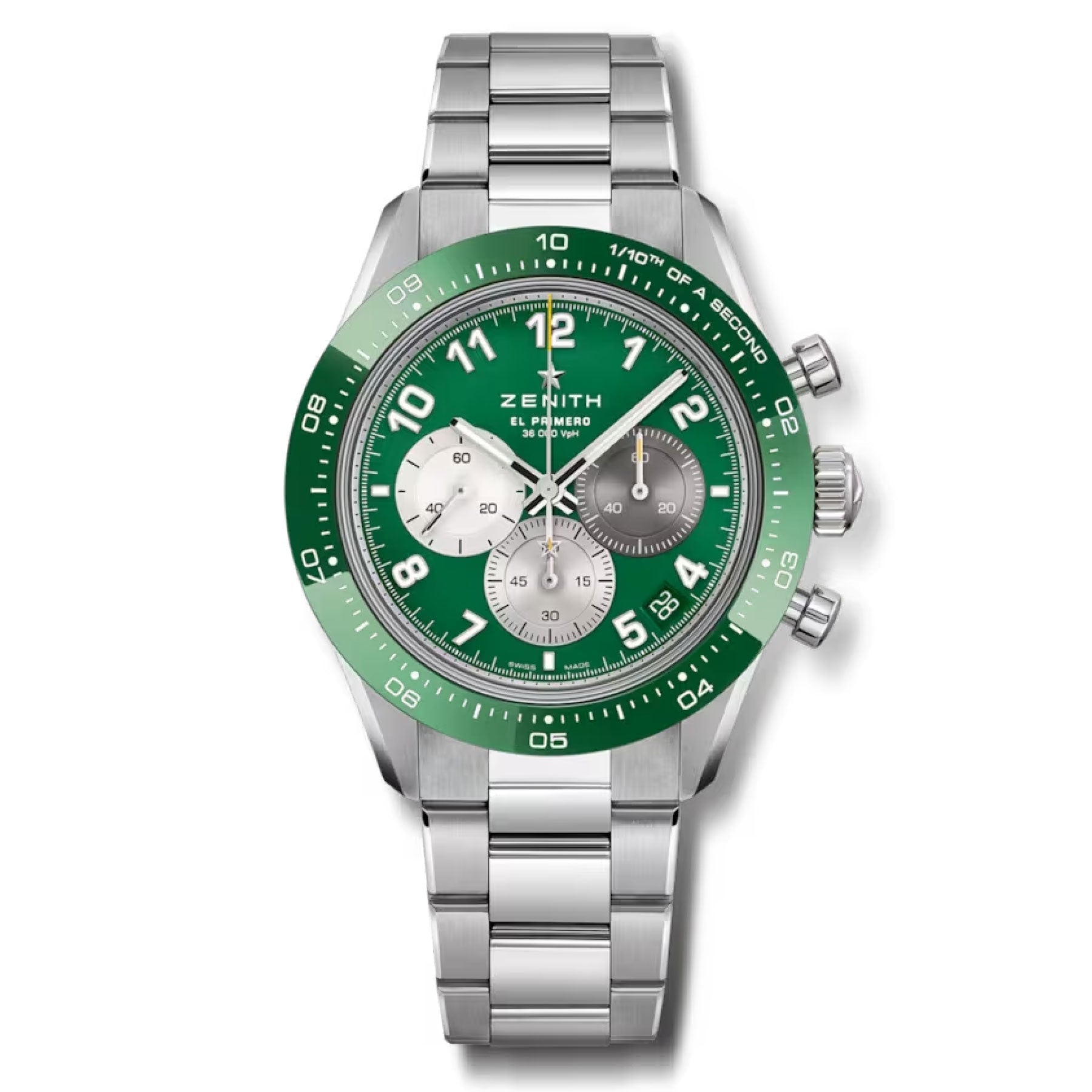 The ZENITH Chronomaster Sport El Primero 3600 Automatic Chronograph 41mm Watch from Zenith showcases a stainless steel band and green bezel, featuring an El Primero 3600 chronograph with three sub-dials, white hour markers, and silver hands for a perfect blend of sporty elegance.