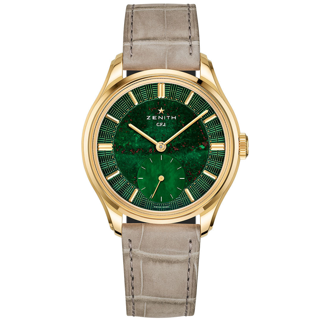 The Zenith ZENITH G.F.J. Calibre 135 Automatic 39.15mm features a gold case, green marble-patterned dial with "ZENITH G.F.J.", Roman numerals, small seconds subdial at 6 o'clock, and gray leather strap.