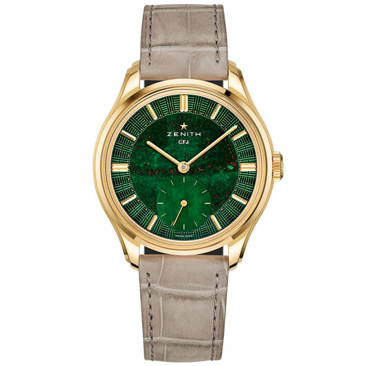 The Zenith ZENITH G.F.J. Calibre 135 Automatic 39.15mm features a gold case, green marble-patterned dial with "ZENITH G.F.J.", Roman numerals, small seconds subdial at 6 o'clock, and gray leather strap.