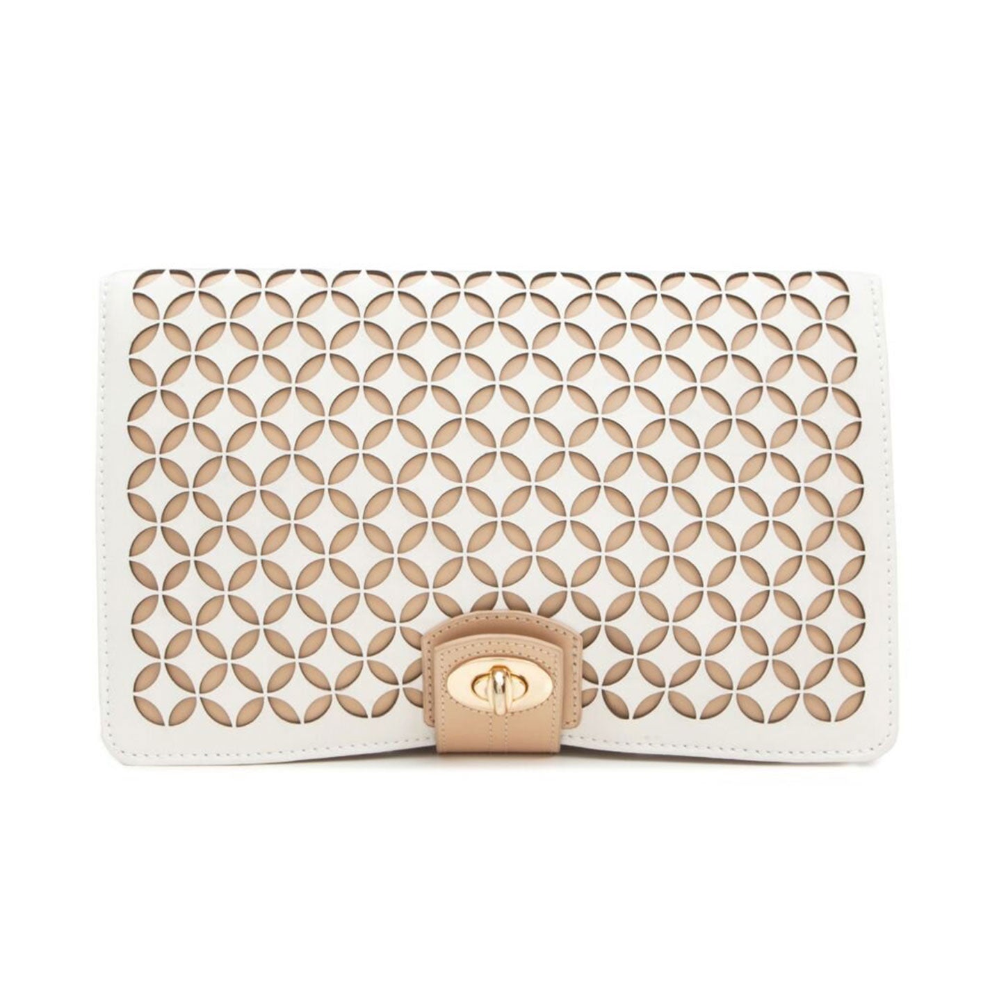 Introducing the WOLF 1834 Chloe Jewellery Portfolio by WOLF—a stylish beige clutch featuring an elegant design. It boasts an intricate geometric cut-out pattern with a tan leather clasp, and its design of repeating circular shapes over a lighter contrasting background offers a modern flair, making it the perfect travel accessory.