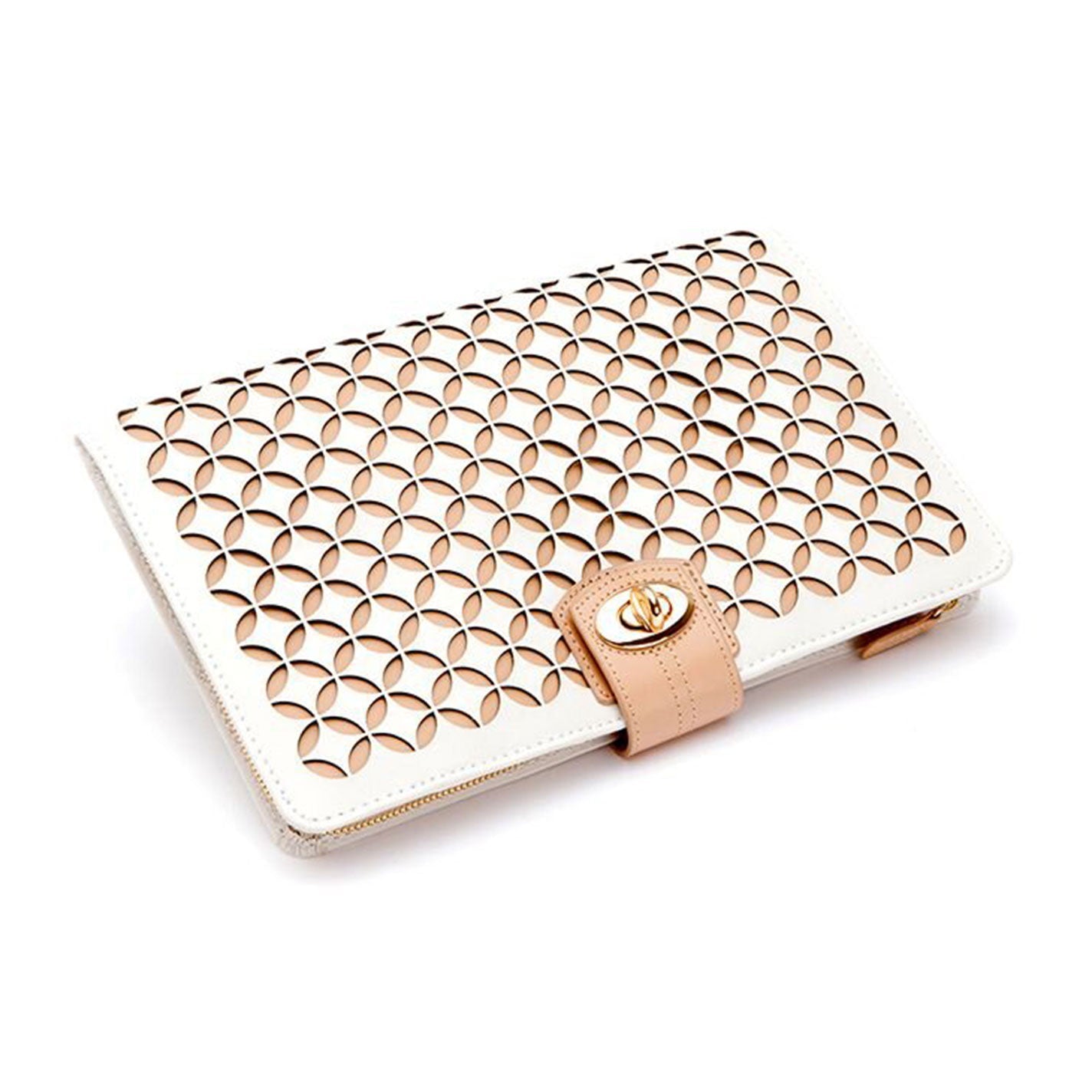 Introducing the WOLF 1834 Chloe Jewellery Portfolio by WOLF—a sophisticated travel accessory featuring an elegant design with a white and beige circular pattern. This modern piece showcases a decorative beige belt on the front flap, complete with a gold-tone twist lock closure, offering both style and functionality.