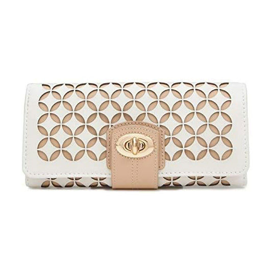 Introducing the WOLF 1834 Chloe Jewellery Portfolio from WOLF: a sophisticated white and beige clutch with an elegant geometric circular cutout pattern. This stylish piece features a gold twist lock closure on a beige strap, making it the perfect choice for those who seek elegance in their accessories.