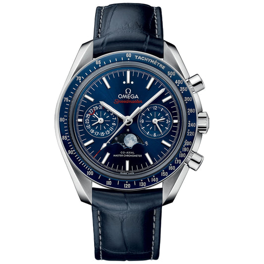 An OMEGA Speedmaster Moonphase Co-Axial Master Chronometer Moonphase Chronograph 44.25mm Watch featuring a luxurious blue dial and leather strap. It includes multiple subdials, a moon phase indicator, and silver indices. The bezel is inscribed with "Tachymètre" and the luminescent watch hands highlight its precise Master Chronometer certification.