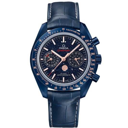 Discover the refined elegance of the OMEGA Speedmaster Moonphase Co-Axial Master Chronometer Moonphase Chronograph 44.25mm Watch Blue Side Of The Moon. This exquisite timepiece by OMEGA features a rich blue ceramic case and strap, adorned with a celestial speckled dial that includes three sub-dials, silver indices, a tachymeter bezel, and a sophisticated moon phase display. A true blend of artistic design and functional precision.