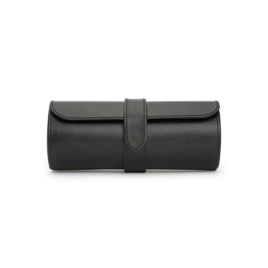 The WOLF 1834 Watch Roll Blake With Capsule in Black/Grey, a cylindrical leather case by WOLF featuring a flap closure and strap, is elegantly handcrafted for functionality and style, displayed against a white background.