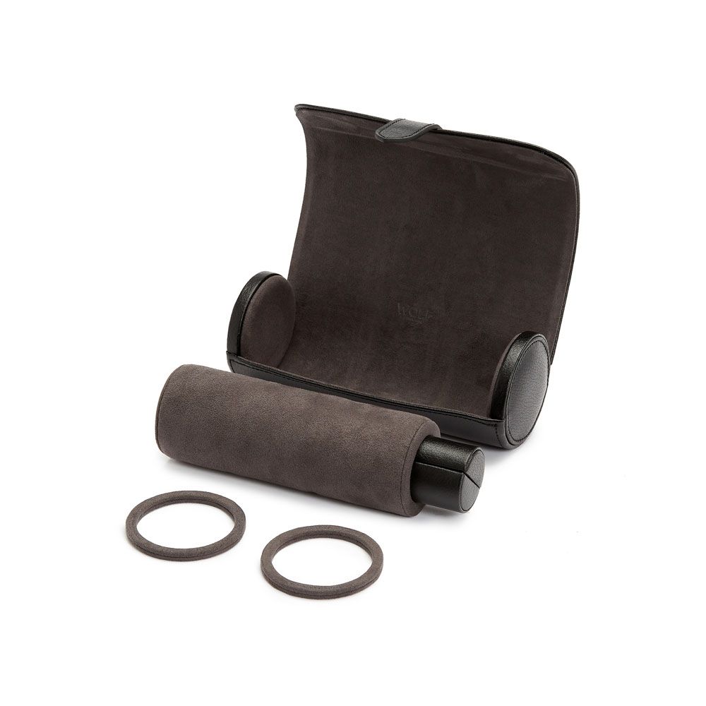 A WOLF 1834 Blake Watch Roll With Capsule in Black/Grey is open, revealing a cylindrical watch pillow and two matching round capsules, all in sleek dark grey tones, set against a white background.