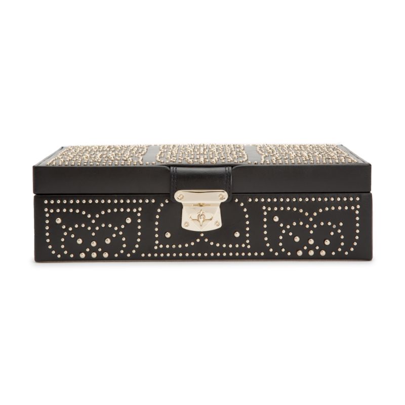 A rectangular black leather jewelry box from WOLF, featuring a silver latch and exquisite gold studding in symmetrical patterns on both the top and front sides. This WOLF 1834 Marrakesh Flat Jewellery Box incorporates LusterLoc™ technology to ensure the pristine condition of your treasures.