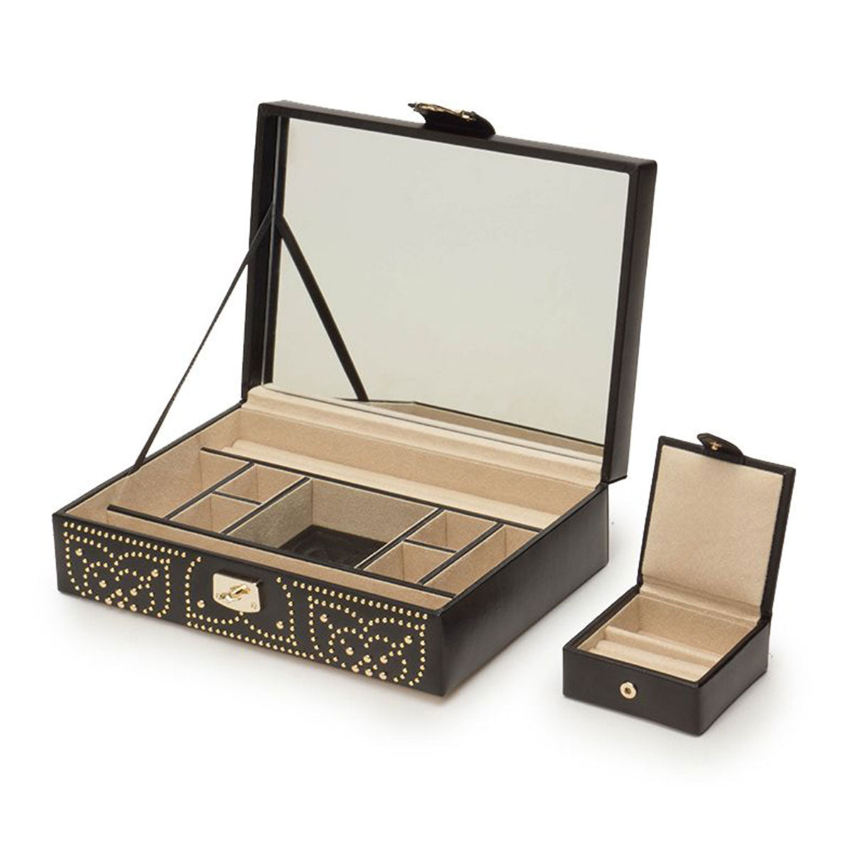 The WOLF 1834 Marrakesh Flat Jewellery Box, crafted by WOLF, is open to display its various compartments lined with beige fabric beneath the mirrored lid. To the right sits a smaller matching jewelry box with a flip-up lid and gold studding. Both boxes are adorned with decorative patterns on their exteriors.