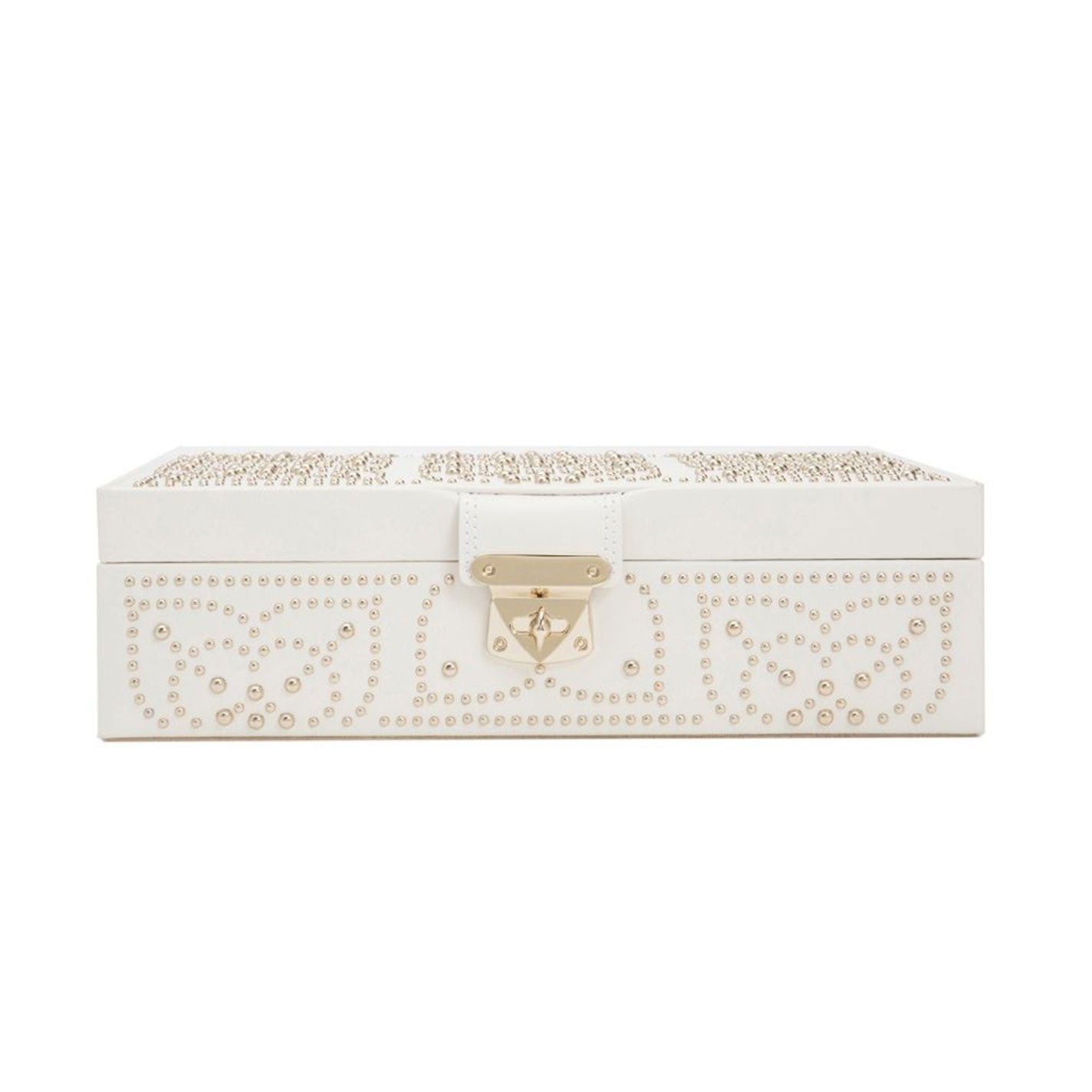 The WOLF 1834 Marrakesh Cream Jewellery Box is a white rectangular vanity case embellished with an elaborate gold studding pattern on the lid and sides, enhanced by LusterLoc™ technology. It features a luxurious gold-tone clasp at the front, seamlessly blending elegance with functionality.