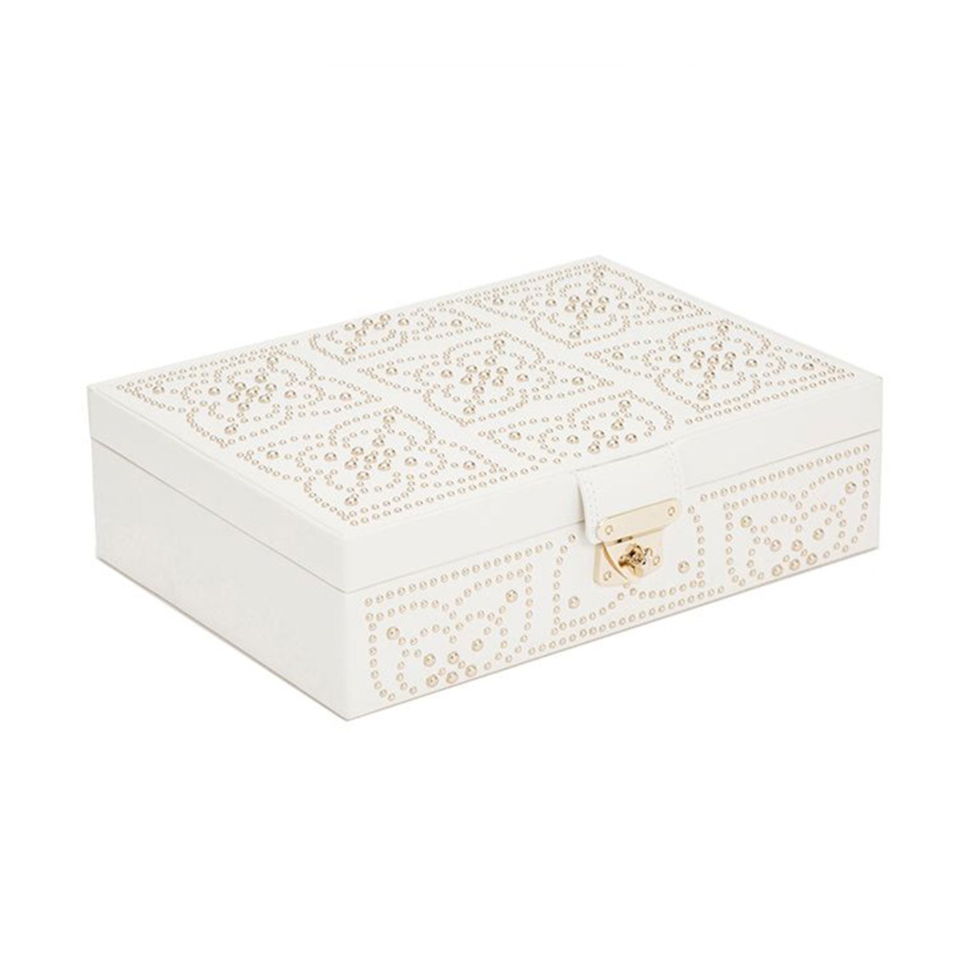 The WOLF 1834 Marrakesh Cream Jewellery Box showcases intricate patterns on its lid and sides, paired with a sleek gold latch at the front. Perfect for elegant safekeeping, its sophisticated design exudes charm and refinement.