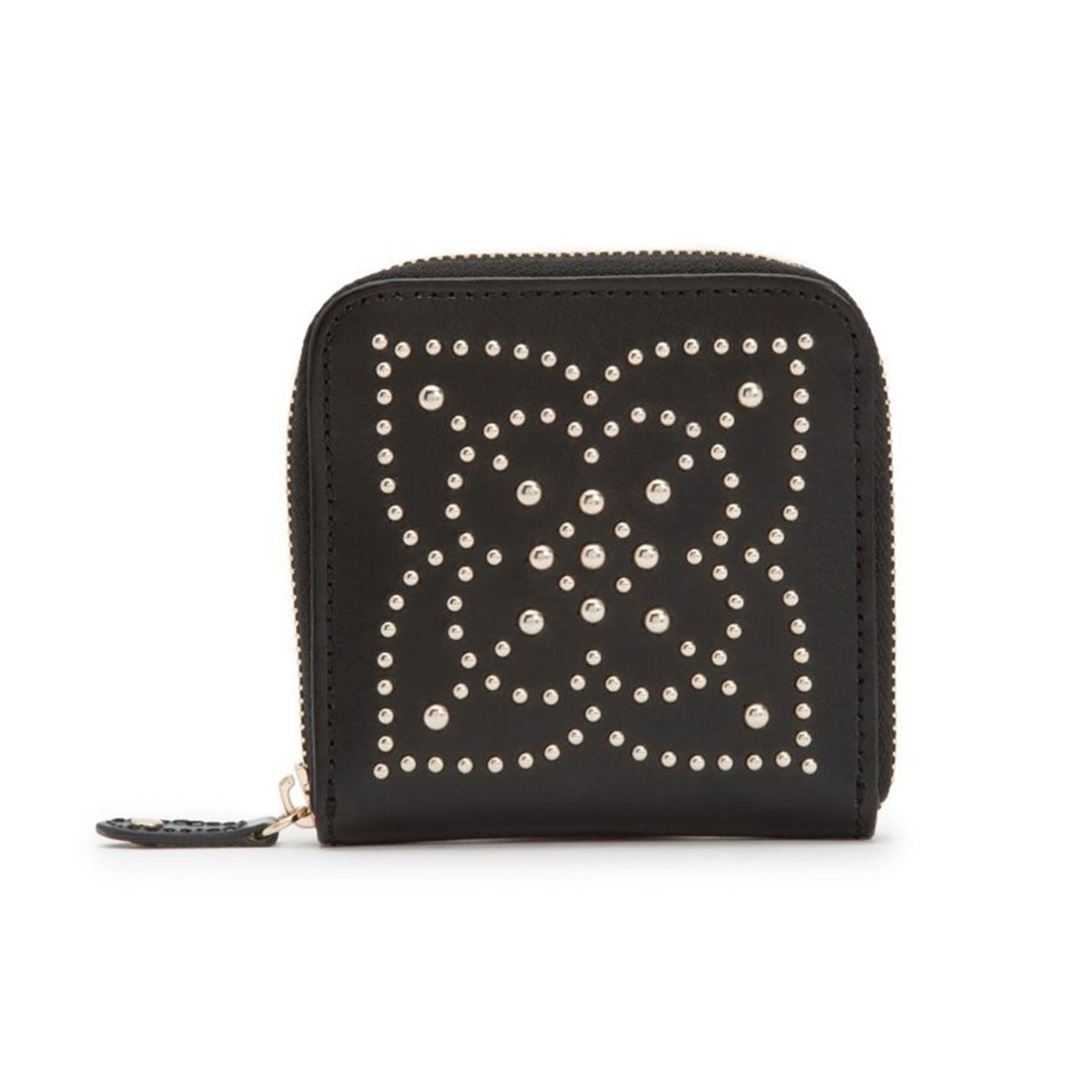 A compact black leather jewellery box from WOLF, featuring a zipper closure and embellished with an eye-catching pattern of silver studs in a star or floral design on the front. Perfect for those who value elegant organization, this piece could effortlessly serve as a chic Marrakesh Travel Case.