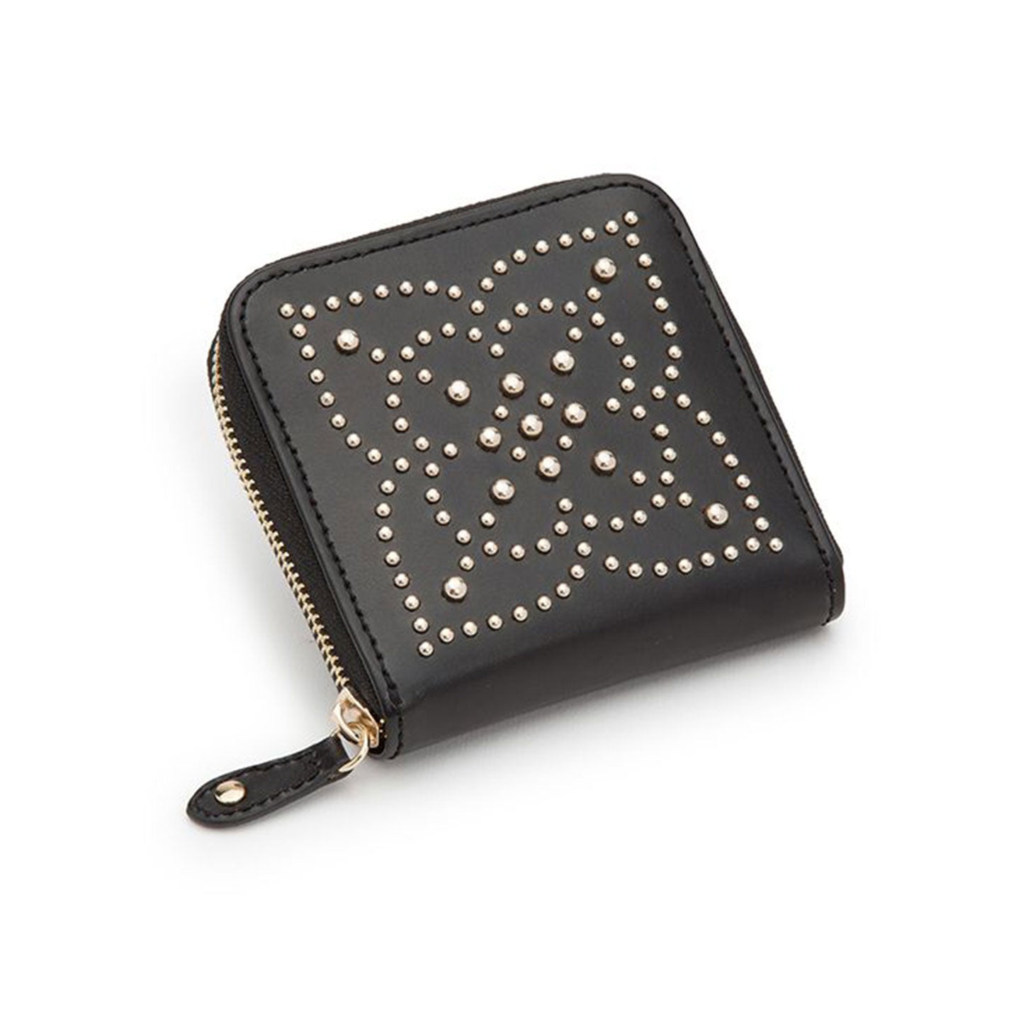 WOLF's Marrakesh Black Jewellery Box is a sophisticated leather accessory featuring a square design with a gold-studded flower pattern and a zipper closure, perfect for keeping your essentials secure in style while traveling.