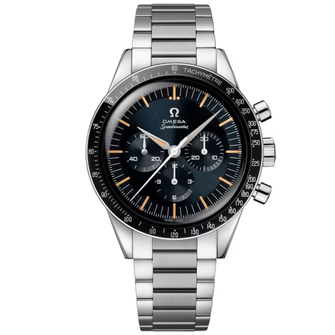 The OMEGA Speedmaster First OMEGA in Space Co-Axial Master Chronometer 39.7mm Watch features a stainless steel case, black dial with three sub-dials, tachymeter bezel, metal bracelet, and vintage cream-accented hour markers and hands.