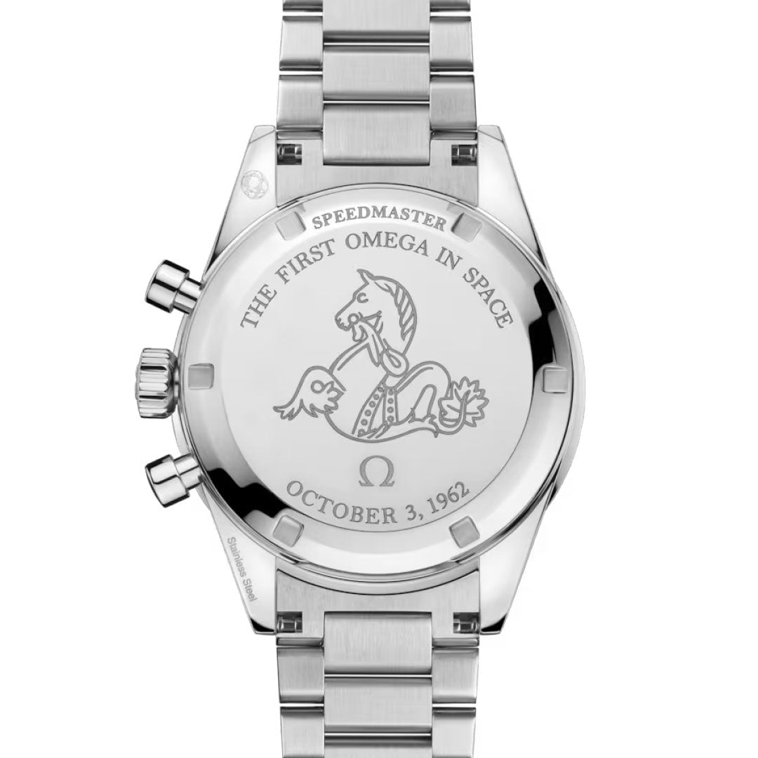 The back of the OMEGA Speedmaster First OMEGA in Space Co-Axial Master Chronometer 39.7mm Watch displays a stainless steel case with a seahorse engraving, Omega logo, and inscriptions: “THE FIRST OMEGA IN SPACE” and “OCTOBER 3, 1962.”.