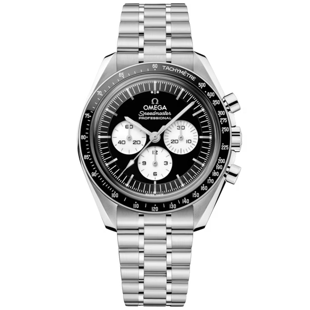 The OMEGA Speedmaster Moonwatch Professional Co-Axial Master Chronometer Chronograph 42mm Watch features a stainless steel case, black dial with three white subdials, tachymeter bezel, and silver bracelet, shown from the front on a white background.