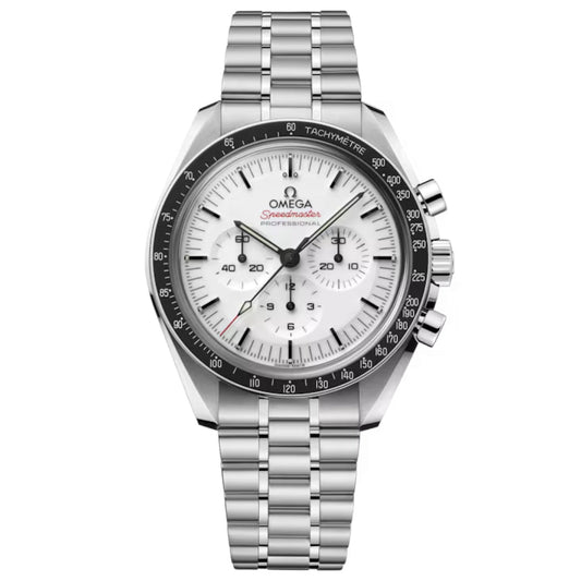 The OMEGA Speedmaster Moonwatch Professional Co-Axial Master Chronometer Chronograph 42mm watch features a stainless steel case, white dial with three sub-dials, black bezel, and metal link bracelet. Powered by the OMEGA Calibre 3861.