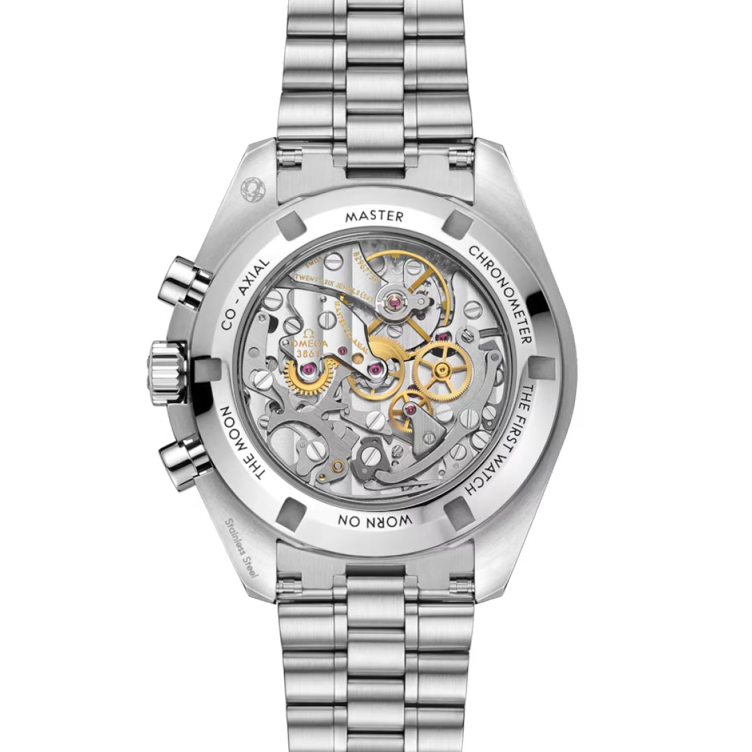 A close-up of the OMEGA Speedmaster Moonwatch Professional Co-Axial Master Chronometer Chronograph 42mm Watch displays its silver bracelet and Calibre 3861 movement through a transparent caseback with engraved text.