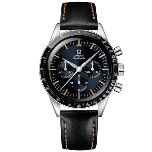 The OMEGA Speedmaster First OMEGA in Space Co-Axial Master Chronometer 39.7mm features a black dial, black leather strap, silver case, three sub-dials, tachymeter bezel, and white hour markers with orange accents.