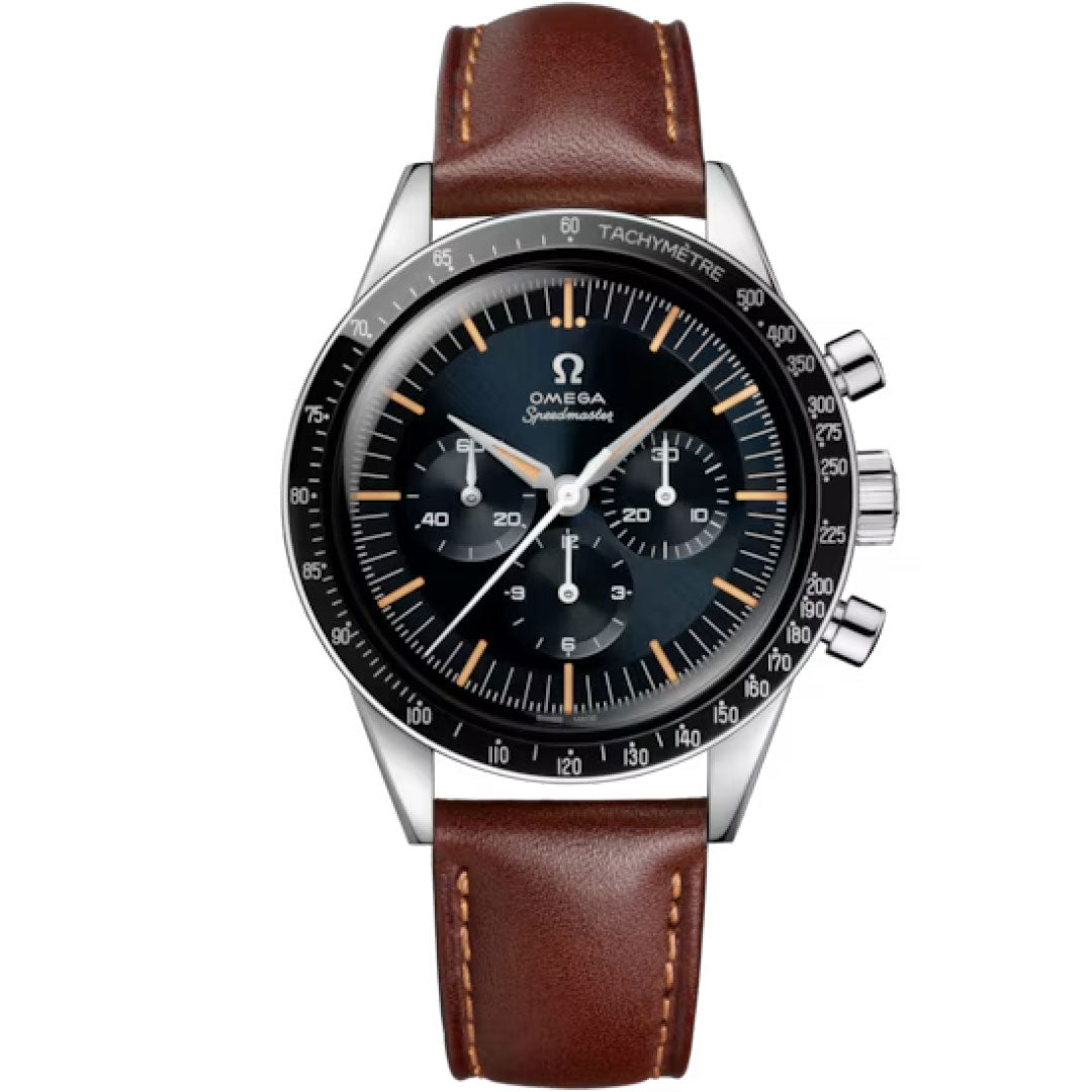 The OMEGA Speedmaster First OMEGA in Space Co-Axial Master Chronometer 39.7mm Watch features a black dial with white and orange hour markers, three subdials, a silver case, black tachymeter bezel, brown leather strap, and two right-side pushers.