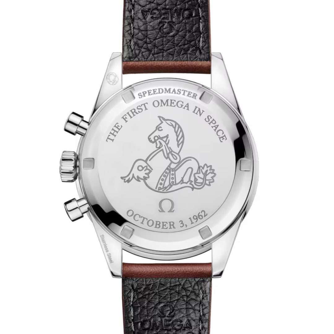 The OMEGA Speedmaster First OMEGA in Space Co-Axial Master Chronometer 39.7mm Watch features a black leather strap and a caseback engraved with “THE FIRST OMEGA IN SPACE,” the Omega symbol, a horse and seahorse, and “OCTOBER 3, 1962.”.