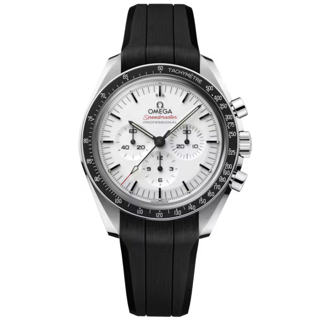 A close-up of the OMEGA Speedmaster Moonwatch Professional Co-Axial Master Chronometer Chronograph 42mm with a white dial, black tachymeter bezel, three subdials, and a black rubber strap.