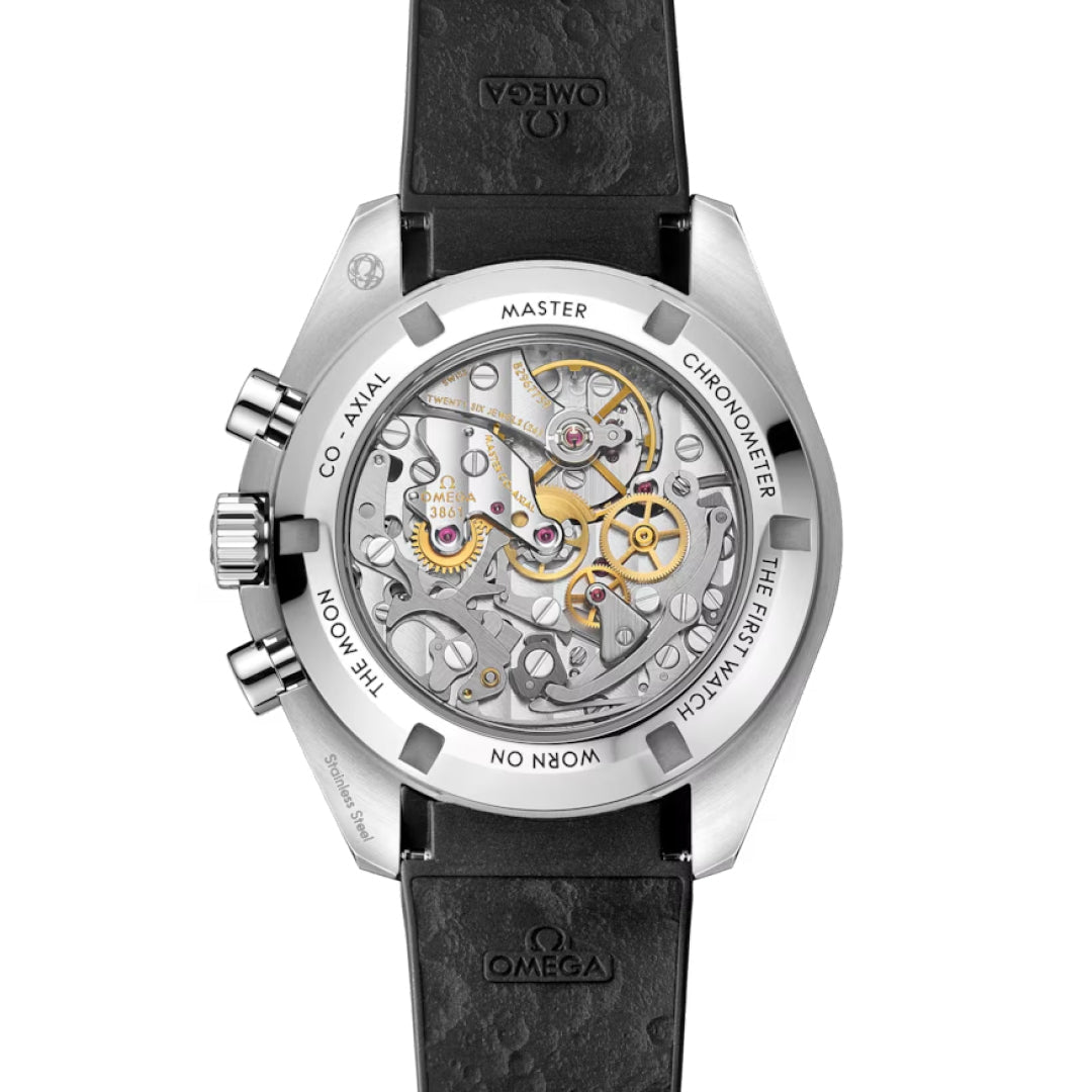 The image displays the back of the OMEGA Speedmaster Moonwatch Professional Co-Axial Master Chronometer Chronograph 42mm, featuring a see-through case showcasing its movement, a black strap with OMEGA logo, and an engraved metal rim.