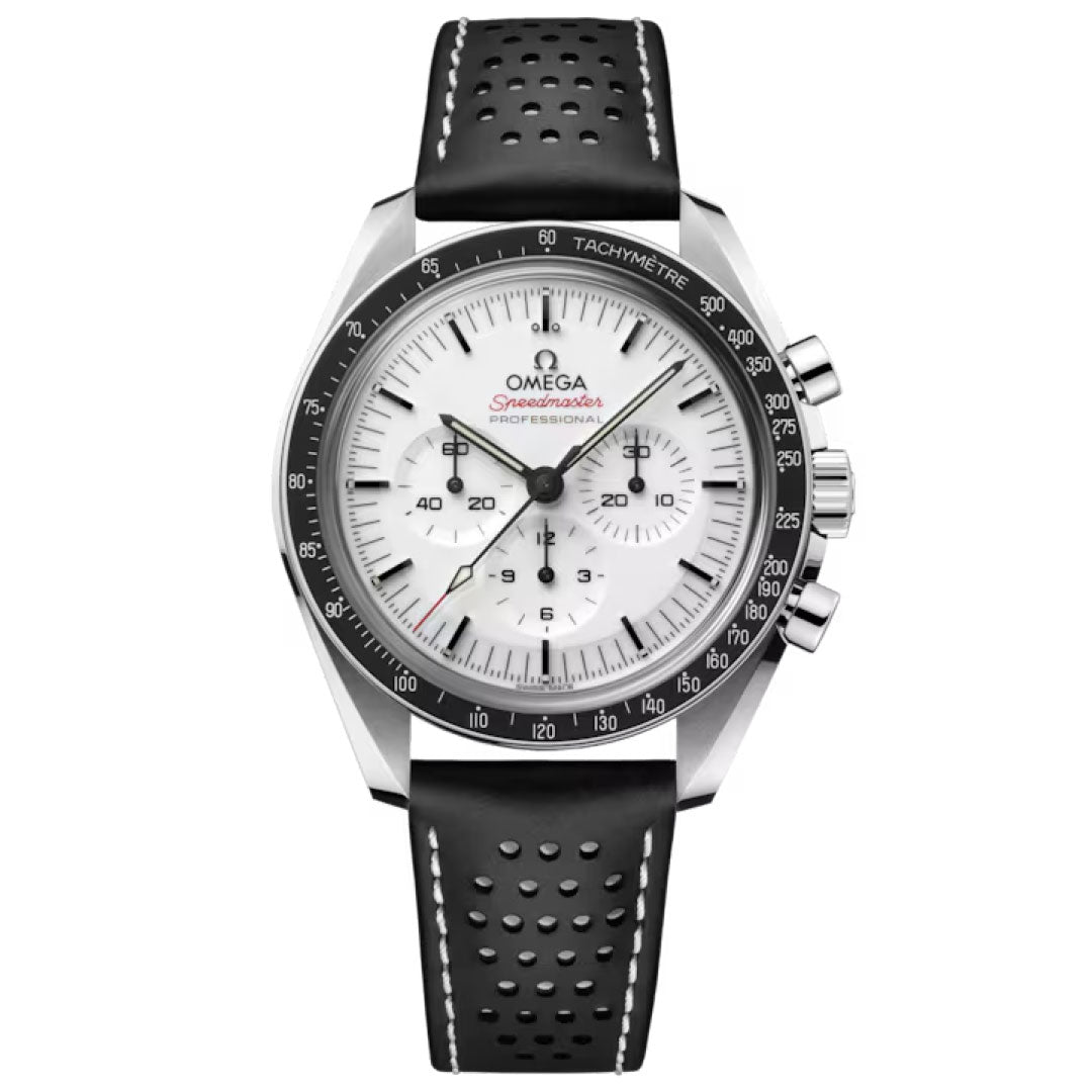 The OMEGA Speedmaster Moonwatch Professional Co-Axial Master Chronometer Chronograph 42mm features a white dial, black tachymeter bezel, Calibre 3861 movement, three subdials, silver markers and pushers, and a black perforated leather strap.