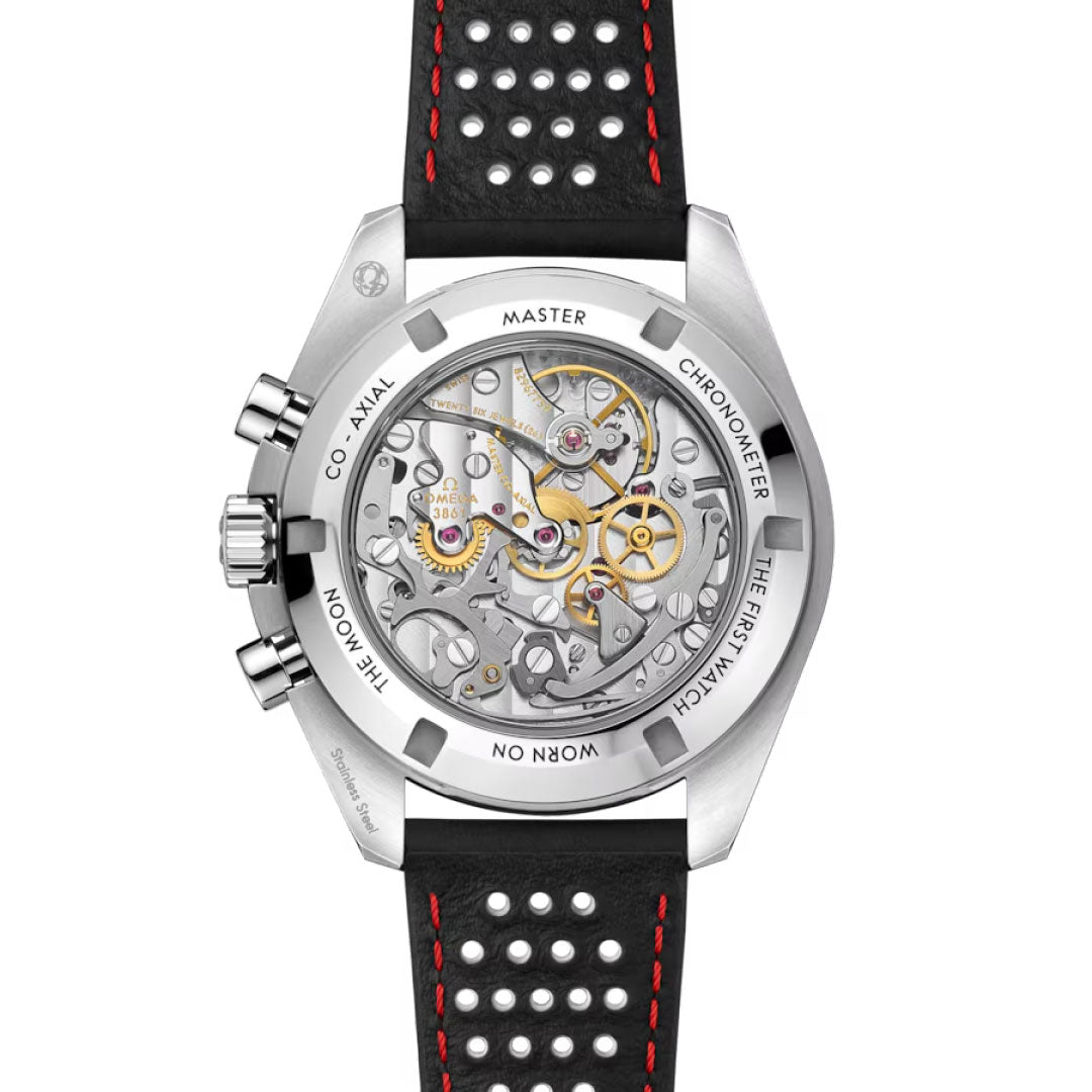 The OMEGA Speedmaster Moonwatch Professional Co-Axial Master Chronometer Chronograph 42mm showcases its intricate movement through a transparent caseback, complemented by a black perforated strap with red stitching and engraved detailing.