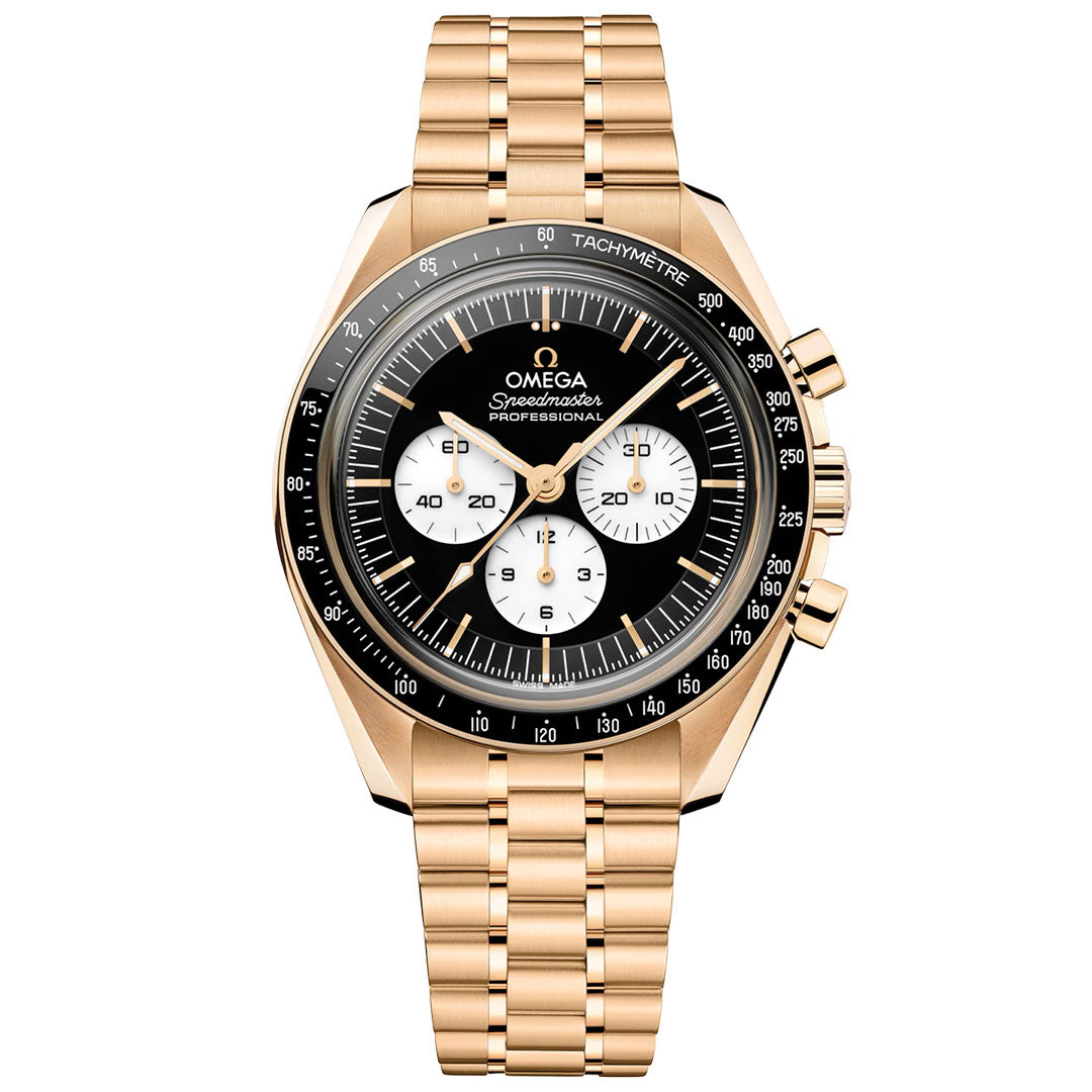 The OMEGA Speedmaster Moonwatch Professional Co-Axial Master Chronometer Chronograph 42mm features an 18K Moonshine Gold case and bracelet, black dial with three white subdials, gold hour markers, and a tachymeter bezel.