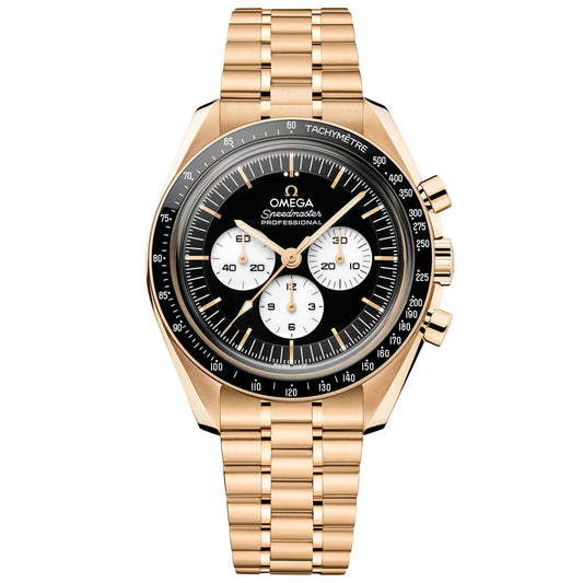 The OMEGA Speedmaster Moonwatch Professional Co-Axial Master Chronometer Chronograph 42mm features an 18K Moonshine Gold case and bracelet, black dial with three white subdials, gold hour markers, and a tachymeter bezel.