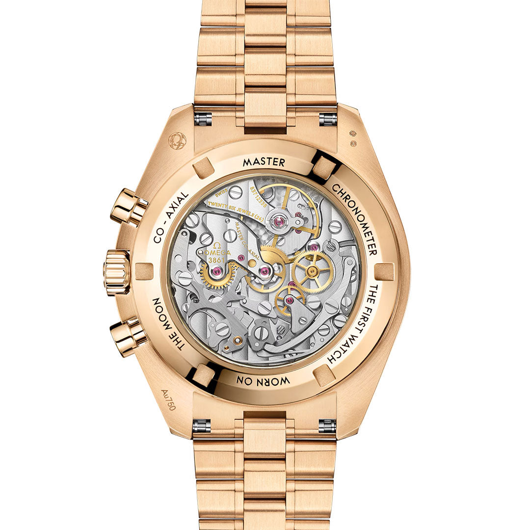 Back view of the OMEGA Speedmaster Moonwatch Professional Co-Axial Master Chronometer Chronograph 42mm, showing its movement through a transparent case back. Engravings include "Master Chronometer," "Co-Axial," and "The First Watch Worn on the Moon.