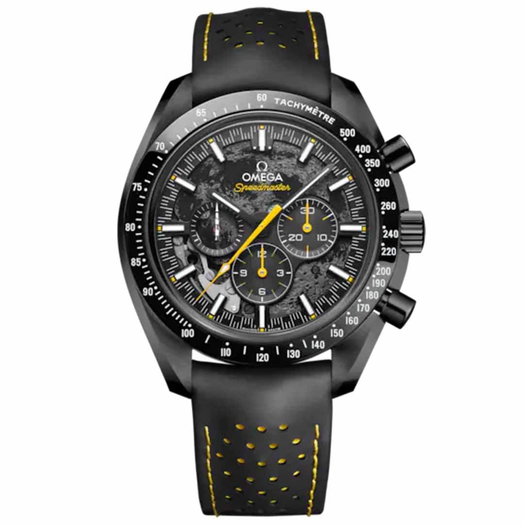 The OMEGA Speedmaster Dark Side of the Moon Co-Axial Master Chronometer 44.25mm watch in black ceramic showcases yellow and white accents. It includes three subdials, unique yellow hands, and a black band highlighted by vibrant yellow stitching. The bezel is elegantly adorned with a tachymeter scale.