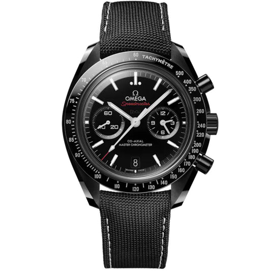 The OMEGA Speedmaster Dark Side of the Moon Co-Axial Master Chronometer 44.25mm watch features a black ceramic case, fabric strap, three subdials, white markers, and red Speedmaster text, shown on a white background.