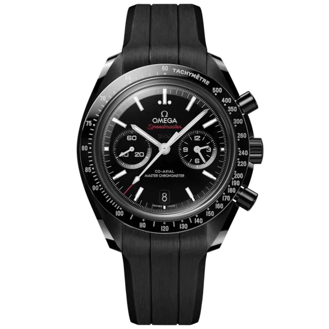 The OMEGA Speedmaster Dark Side of the Moon Co-Axial Master Chronometer 44.25mm Watch features a black ceramic case, black rubber strap, black dial with three subdials, white hour markers and hands, plus a tachymeter bezel.