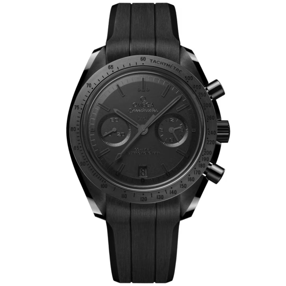 The OMEGA Speedmaster Dark Side of the Moon Co-Axial Master Chronometer 44.25mm watch features a black ceramic case, black strap and dial with three subdials, tachymeter bezel, side pushers, and is Master Chronometer certified.