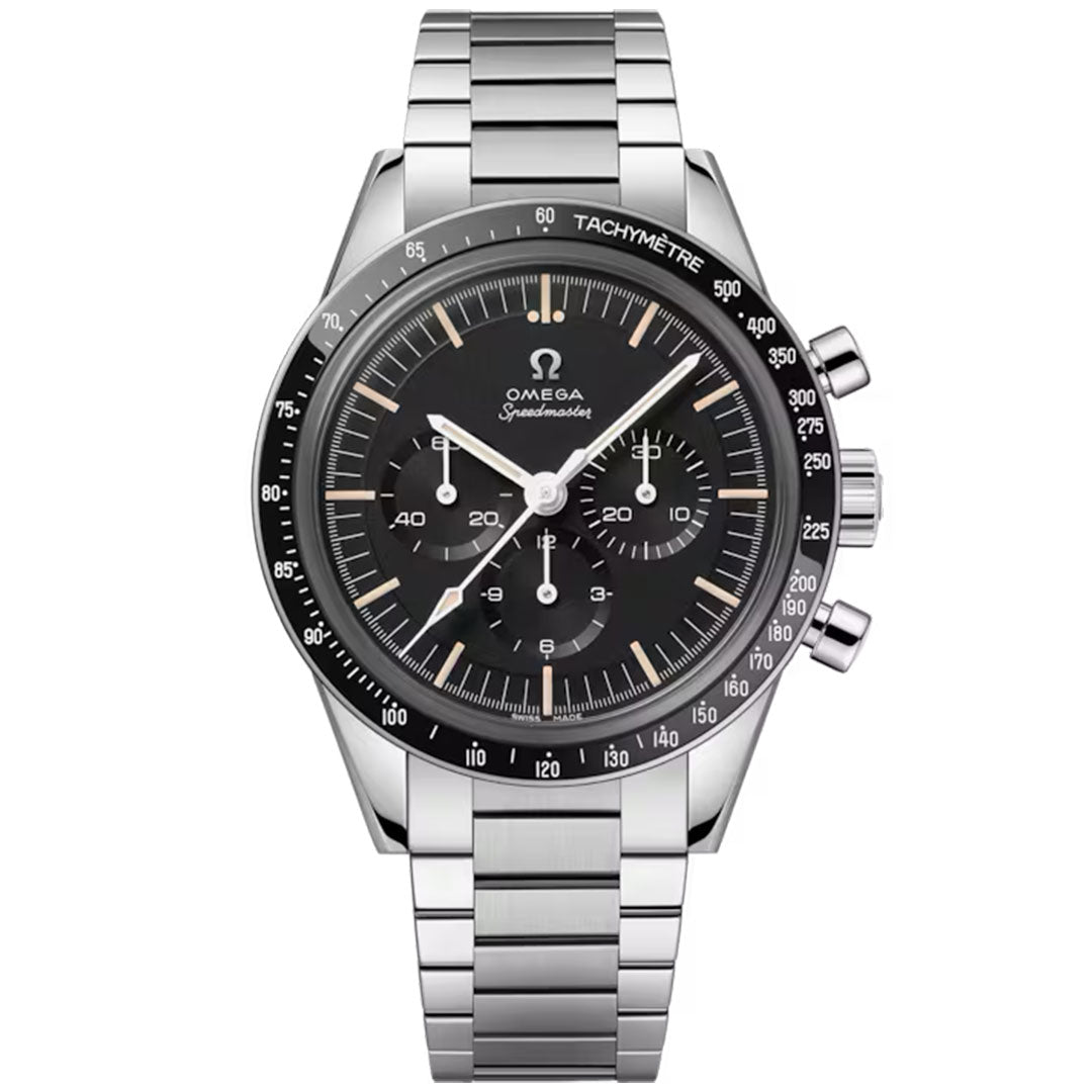 The OMEGA Speedmaster Calibre 321 Chronograph Manual-Winding 39.7mm Watch features a stainless steel case, black dial with three sub-dials, tachymeter bezel, and silver hour markers on a matching metal bracelet.