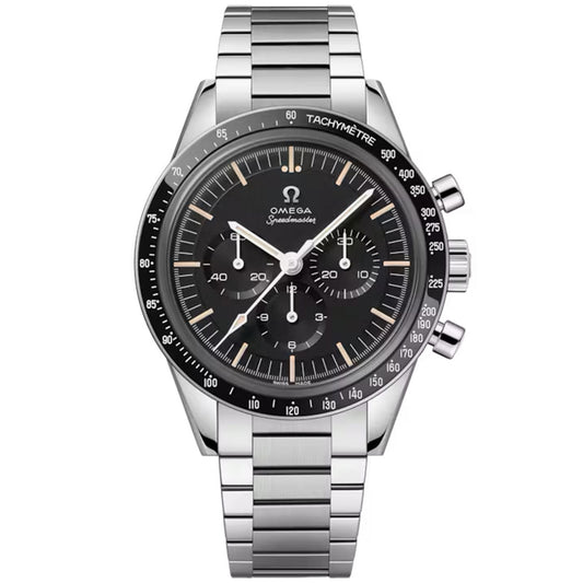 The OMEGA Speedmaster Calibre 321 Chronograph Manual-Winding 39.7mm Watch features a stainless steel case, black dial with three sub-dials, tachymeter bezel, and silver hour markers on a matching metal bracelet.