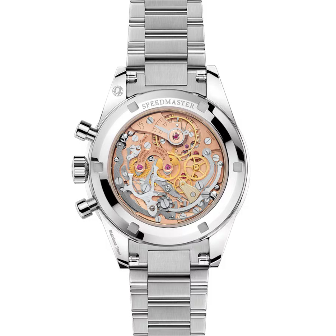 The OMEGA Speedmaster Calibre 321 Chronograph Manual-Winding 39.7mm Watch features a silver case, transparent case back revealing the intricate Calibre 321 movement in gold, silver, and copper tones, and a bracelet with polished and brushed finishes.