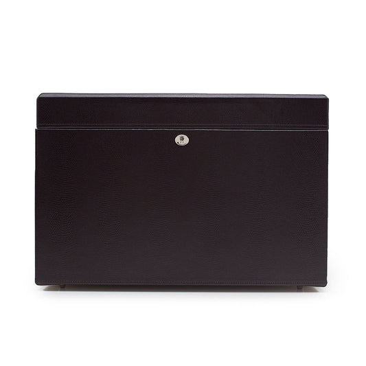The WOLF 1834 London Large Jewellery Box is an upright, closed black leather case with a textured lizard-embossed finish and features a small, round metal lock in the center, standing against a plain white background.