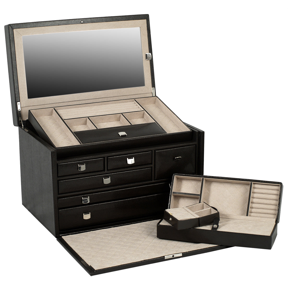 Introducing the WOLF 1834 London Large Jewellery Box by WOLF, crafted from black lizard embossed leather. With an open lid revealing a mirror, this exquisite jewelry box features multiple compartments, three drawers, and an additional smaller removable compartment in front with various slots and spaces for optimal jewelry storage.