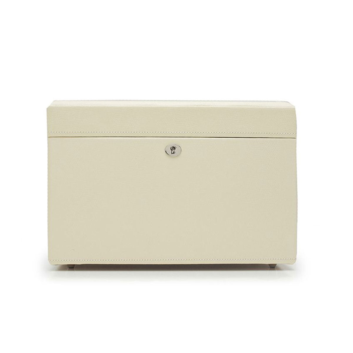 The WOLF 1834 London Medium Jewellery Box, designed by WOLF, is a cream-colored rectangular piece crafted from lizard-embossed leather. It features a closed lid adorned with a small circular metal lock at the front. Its smooth surface and subtle stitching details exude elegance, beautifully showcased against a plain white background.