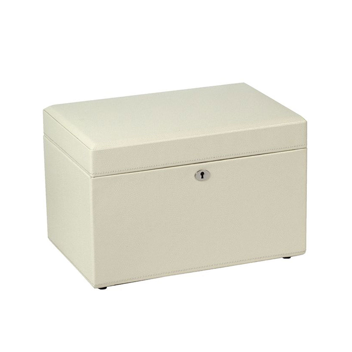 The WOLF 1834 London Medium Jewellery Box, featuring a beige rectangular shape with a lizard embossed leather texture and a small keyhole on the front, is set against a plain white background.