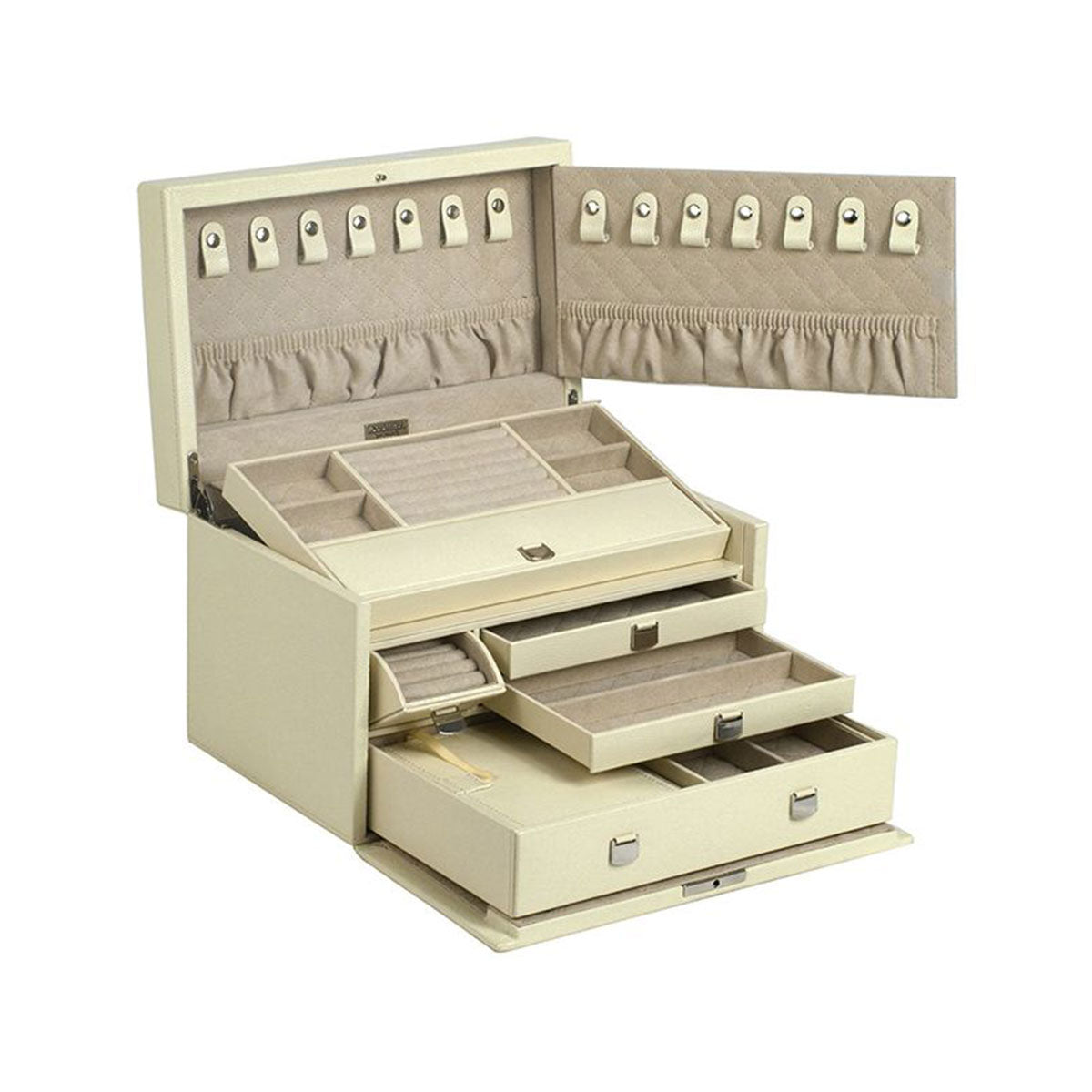 Introducing the WOLF 1834 London Medium Jewellery Box by WOLF: a beautifully designed beige, multi-level jewelry box crafted from lizard embossed leather. It boasts sectioned trays, small drawers, and a lid complete with hooks for hanging necklaces. Each component is lined with soft fabric using LusterLoc technology to safeguard your cherished items.