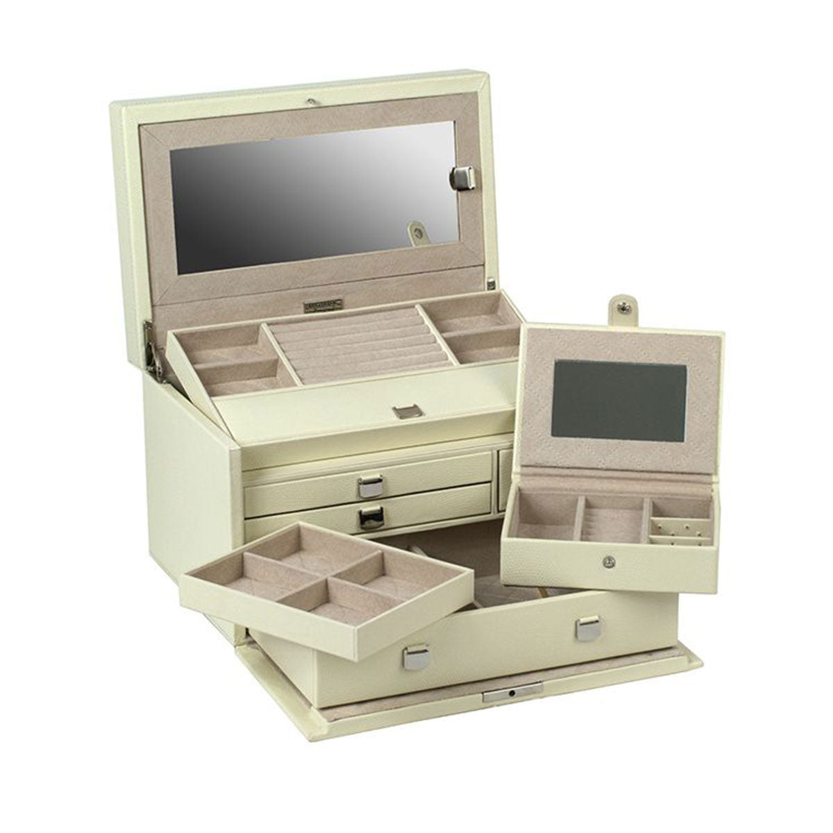 The WOLF 1834 London Medium Jewellery Box, crafted by WOLF, presents a cream-colored lizard-embossed leather design. It includes several open compartments for rings and small items, along with a built-in mirror. Highlighting its interior storage features, this partially opened box incorporates LusterLoc technology to safeguard your valuables.