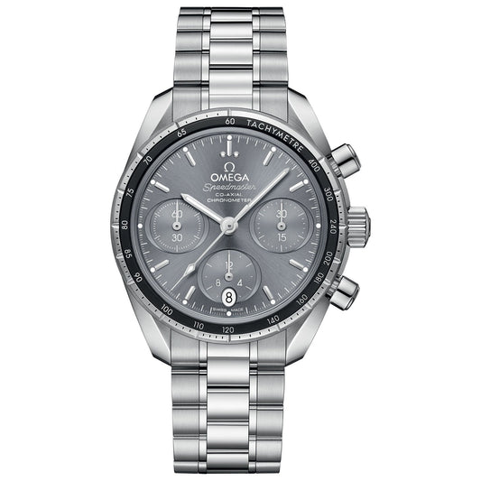 The OMEGA Speedmaster 38 Co-Axial Chronometer Chronograph 38mm Watch by OMEGA features a stainless steel case and bracelet, highlighting a grey dial with three subdials and a date window at the 6 o'clock position. A tachymeter scale on the bezel enhances this sophisticated chronograph design.